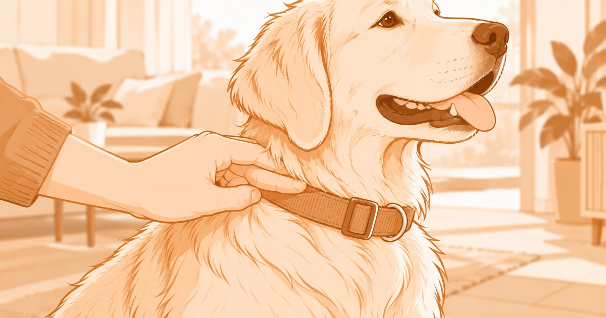 Ruka majitele zasouvá dva prsty pod obojek na krku sedícího labradora